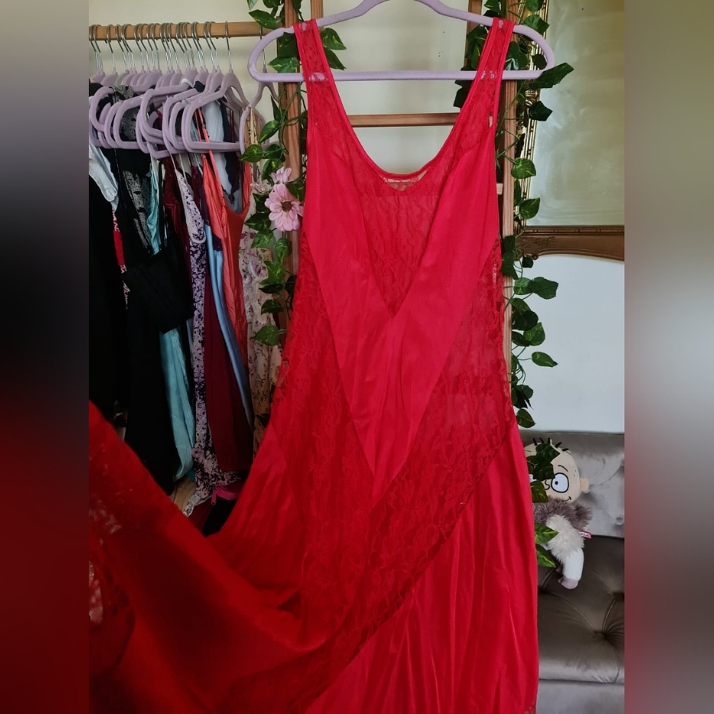 Fire engine red lace detailed maxi slip dress